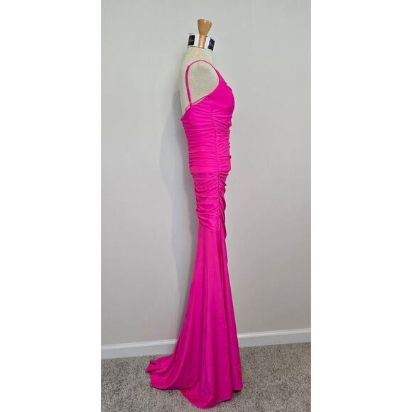 Jamie Formal Neon Pink Fitted Cowl Neck Mermaid Long Dress Sz XS (750) - Picture 2 of 11